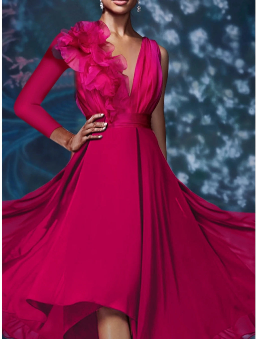 Pink Chiffon A-Line Midi Dress | Ruffled One Shoulder V-Neck