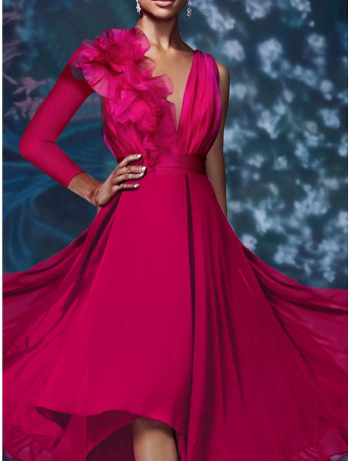 Pink Chiffon A-Line Midi Dress | Ruffled One Shoulder V-Neck