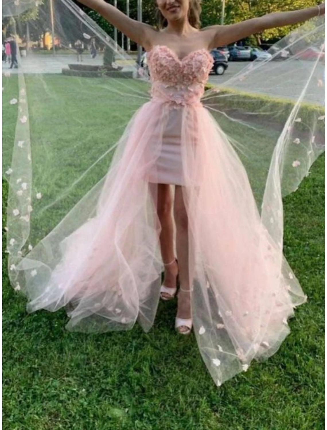 Abiti da ballo a tubino / colonna, abiti da ballo a sirena, da sposa, da festa, senza maniche, con strascico a ruota, in tulle con applicazioni ricamate