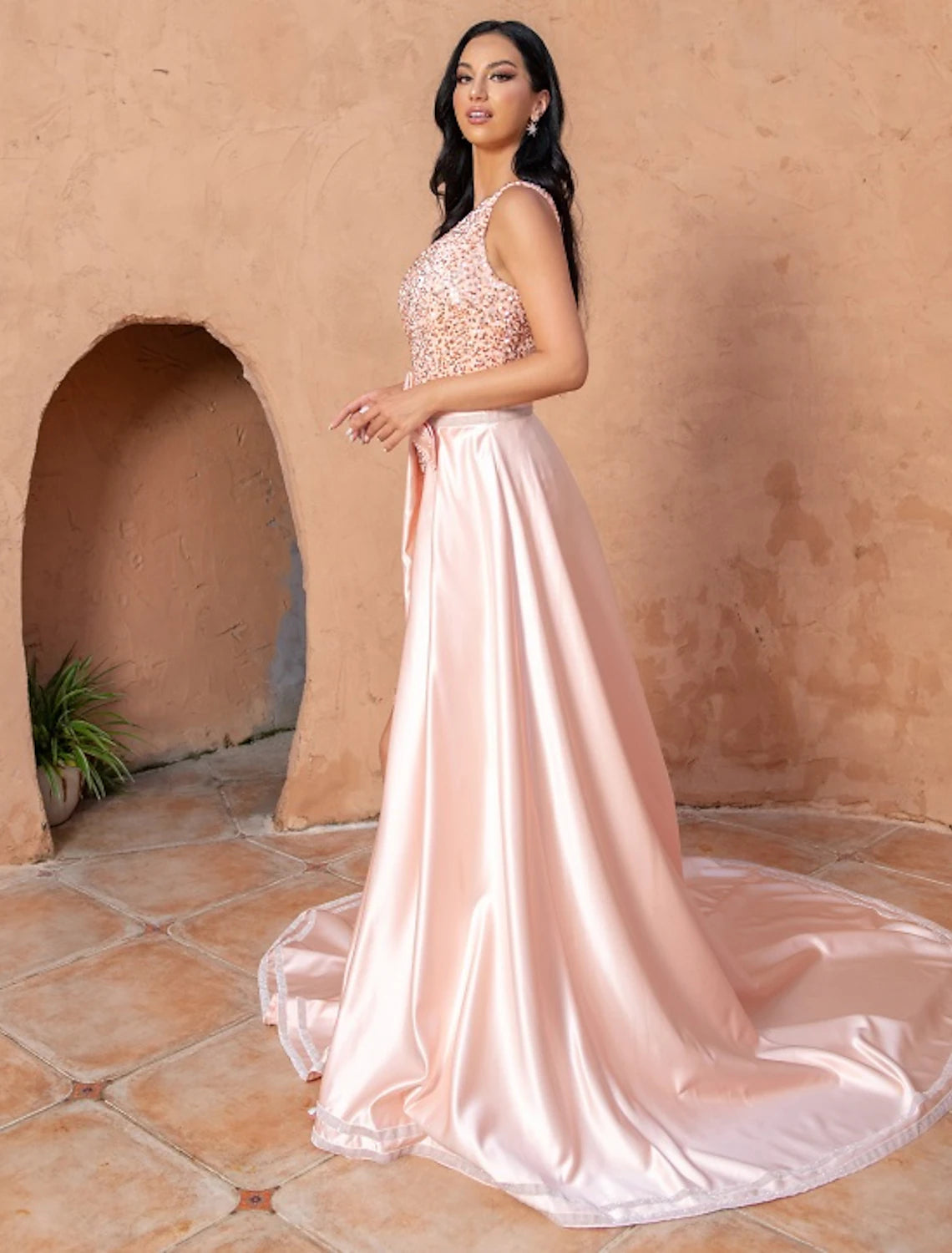 Abito da sera a trapezio, taglie forti, per matrimonio, festa, compleanno, strascico a ruota, senza maniche, monospalla, raso con fiocco/i, paillettes, spacco