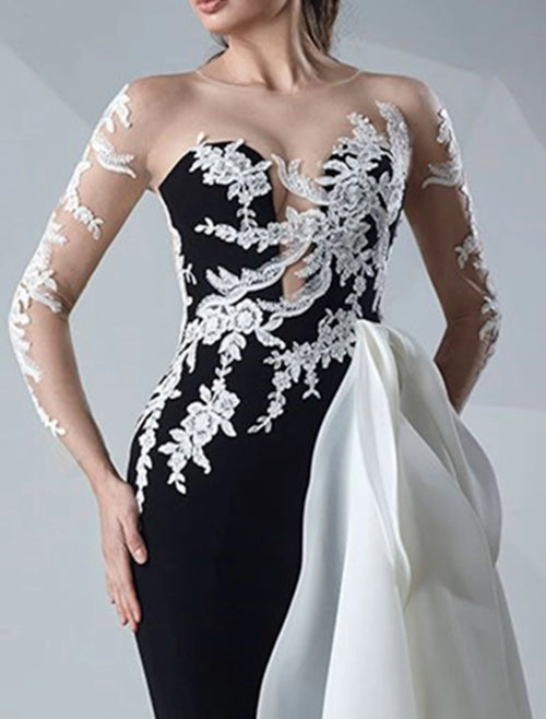 Black Crepe Mermaid Floor-Length Evening Dress with Illusion Neck & Lace Appliqué Sleeves