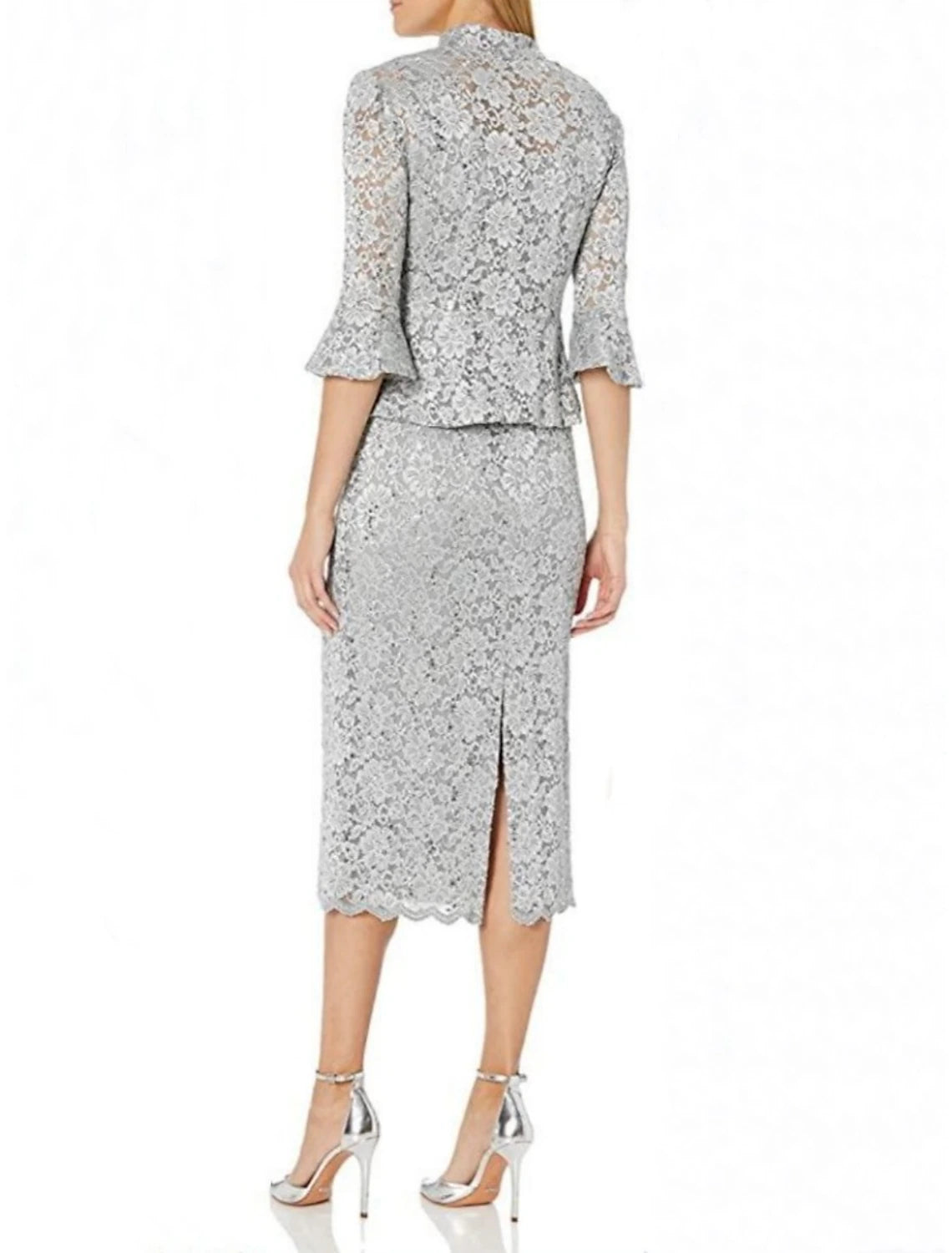 Abito da cerimonia per la madre della sposa in due pezzi, elegante, minimalista, con scollo a barchetta, lunghezza tè, in pizzo, manica a 3/4 con spacco frontale