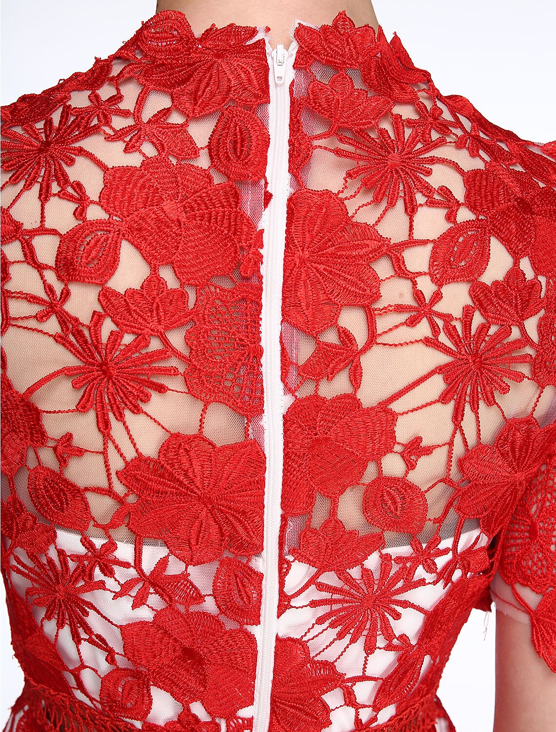 Abito da madre della sposa a tubino/colonna, trasparente, collo alto, lunghezza al ginocchio, pizzo, maniche corte, senza pizzo