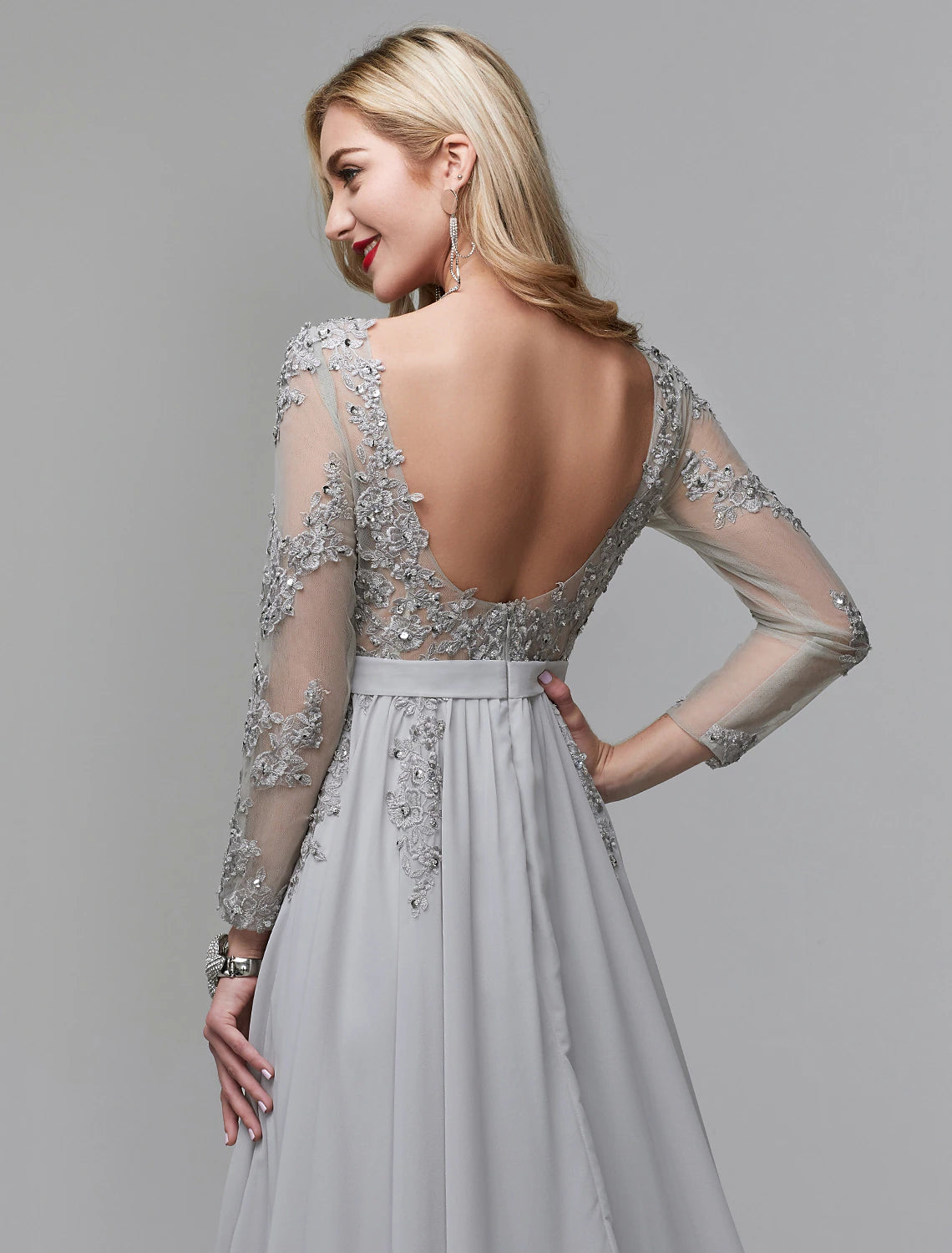 A-Line Luxurious Engagement Formal Evening Dress Illusion Neck V Back Low Back Long Sleeve Chapel Train Chiffon with Sequin Appliques 2025 / Illusion Sleeve