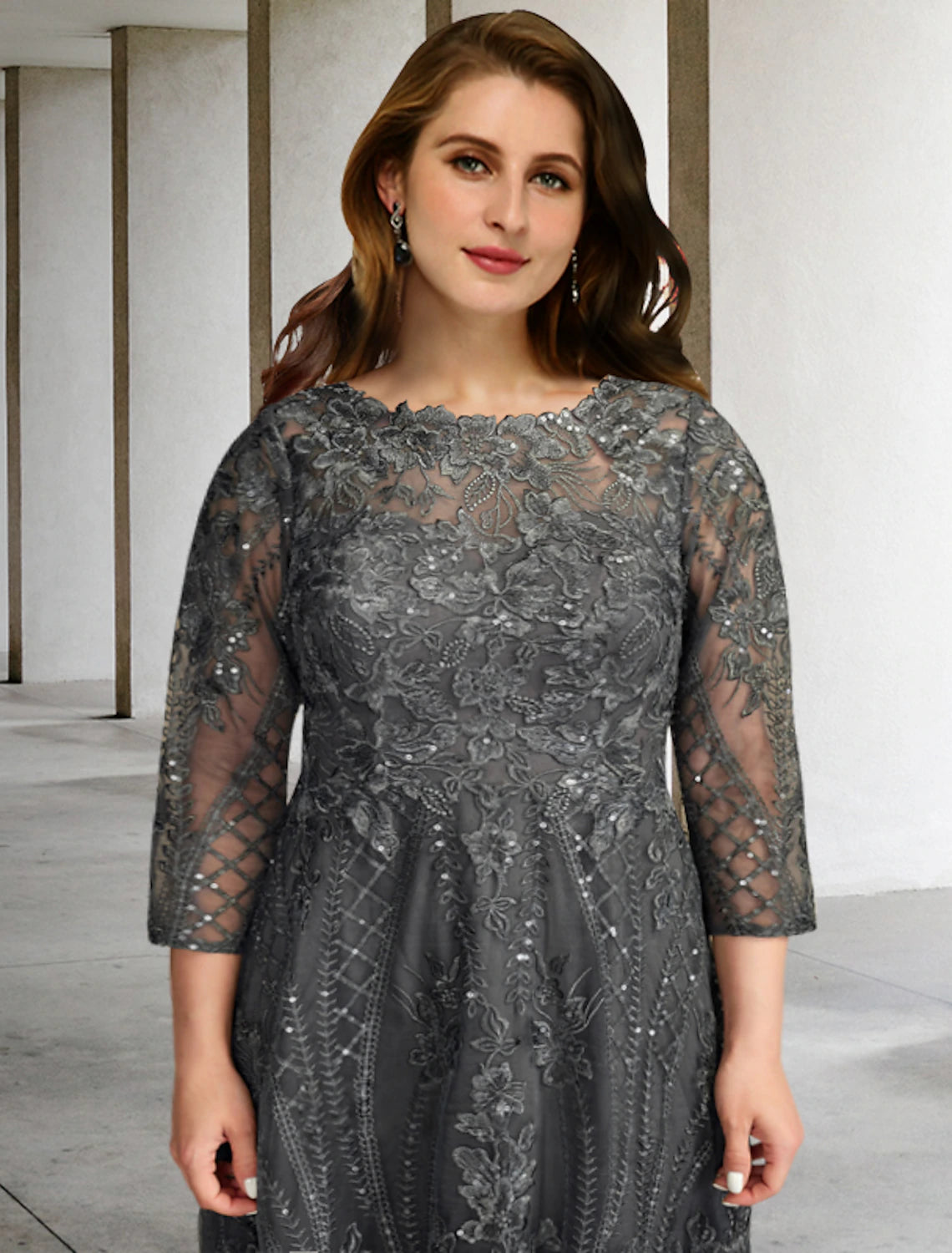Grey Lace A-Line Floor-Length Boat Neck Evening Dress with Sequins