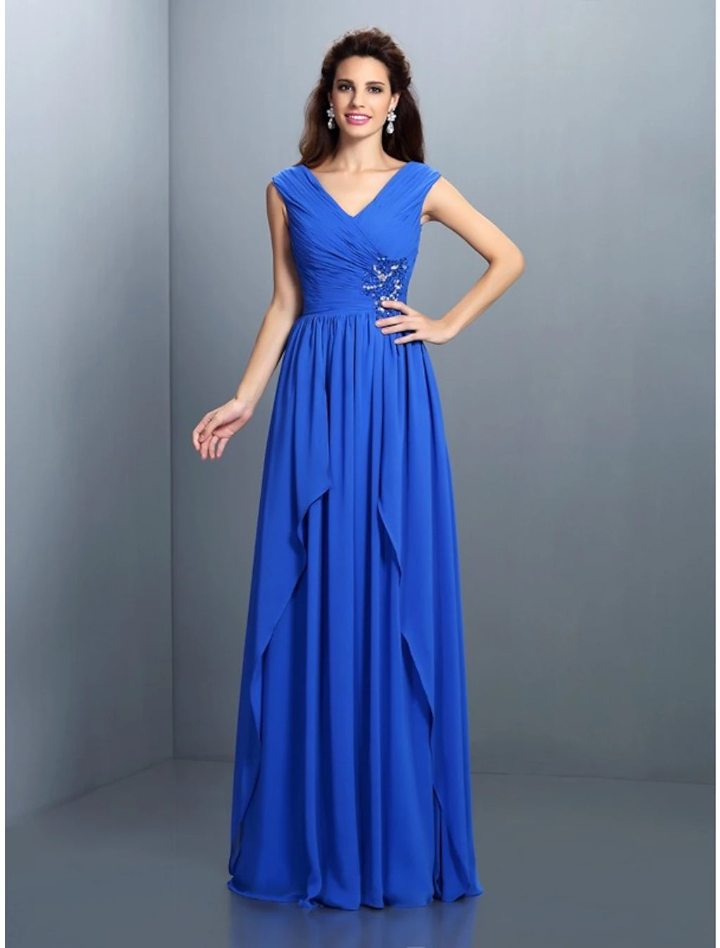 Royal Blue Chiffon A-Line Floor-Length Bridesmaid Dress with V-Neck & Ruched Bodice