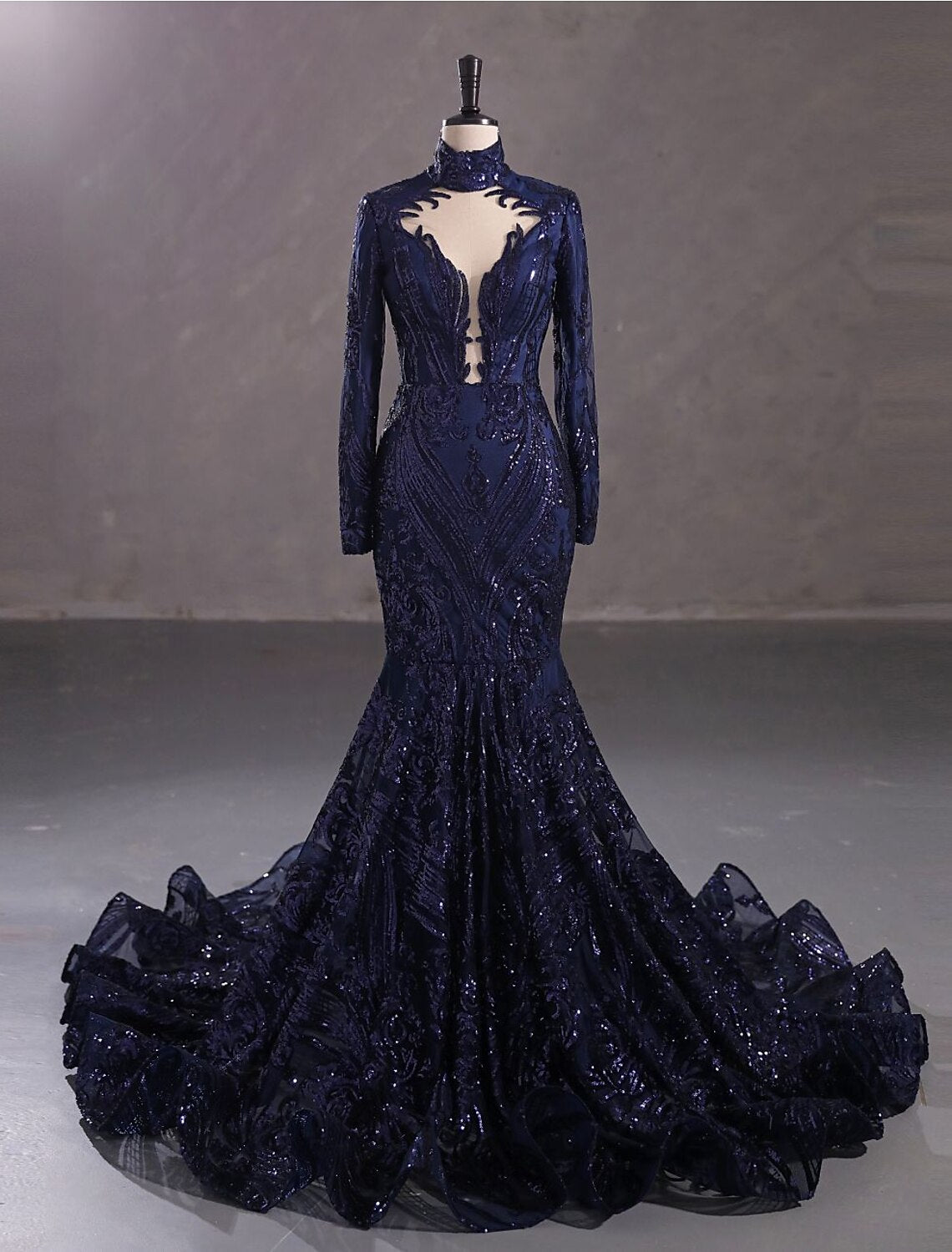 Emerald Sequin Mermaid Floor-Length Evening Dress with High Neck & Illusion Plunging V-neck