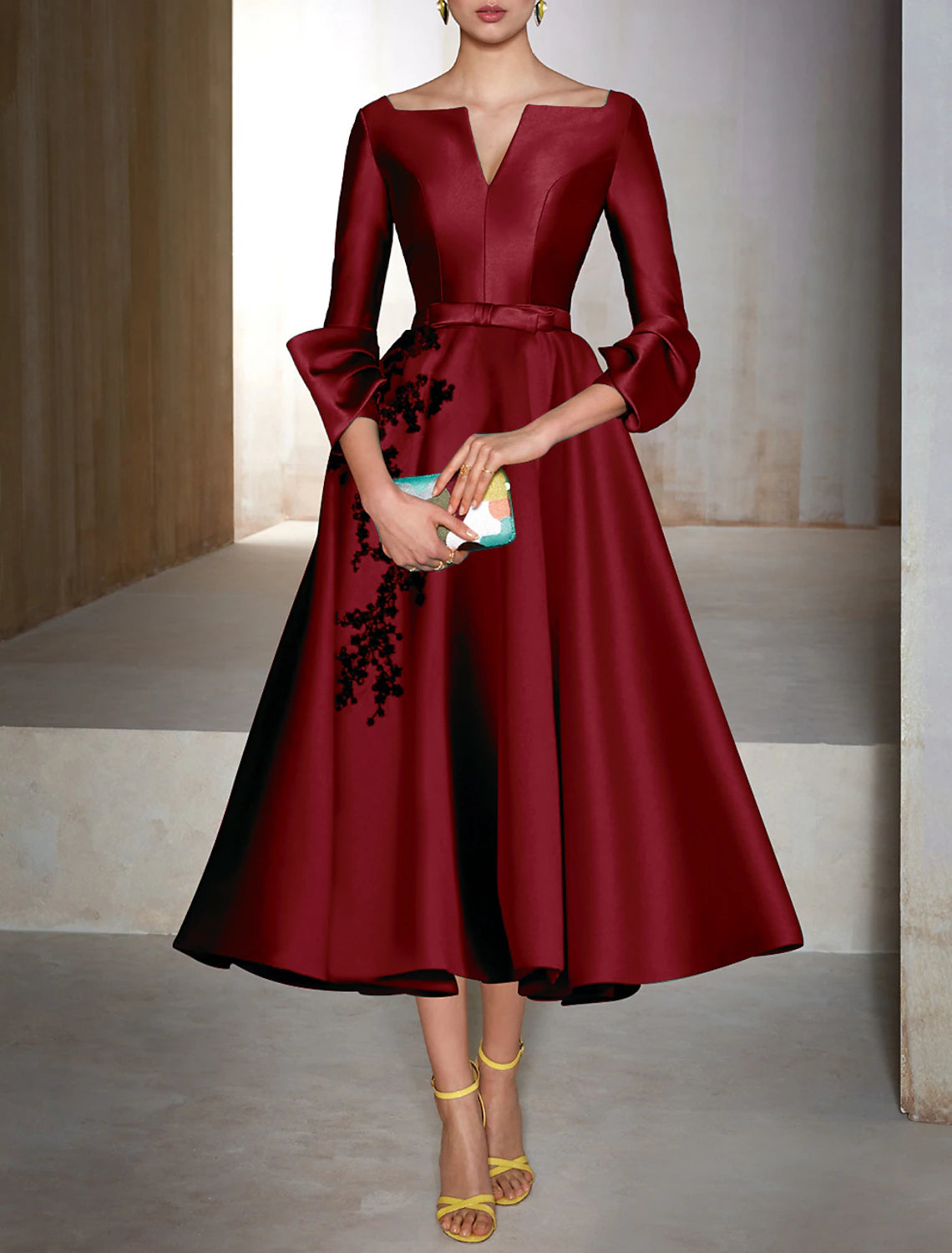 A-Line Cocktail Dresses Christmas Red Green Dress Wedding Guest Tea Length 3/4 Length Sleeve V Neck Satin with Bow(s) Appliques 2025