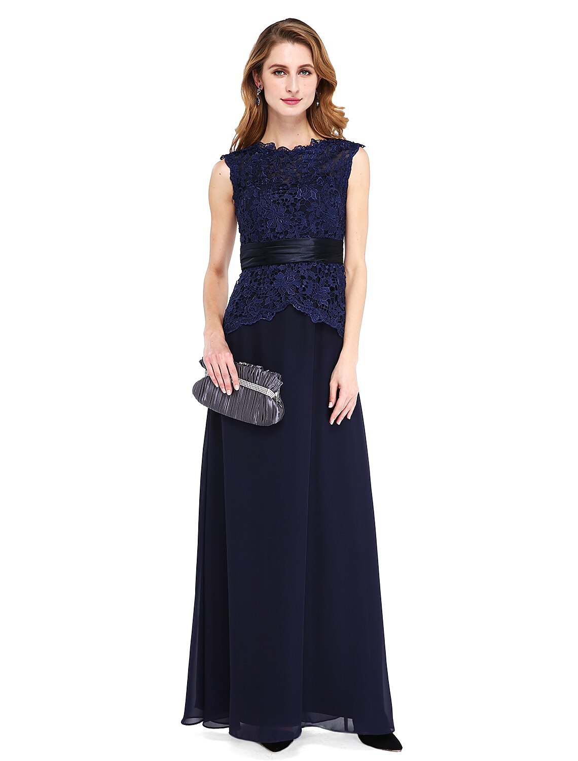 Sheath / Column Mother of the Bride Dress Open Back Jewel Neck Floor Length Chiffon Lace Sleeveless No with Sash / Ribbon Buttons