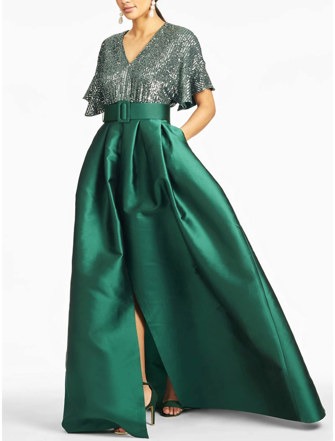 Abito da sera a trapezio, scintillante e brillante, per invitati a nozze formali, lunghezza alla caviglia, mezza manica, scollo a V, in raso con pieghe glitterate, 2025