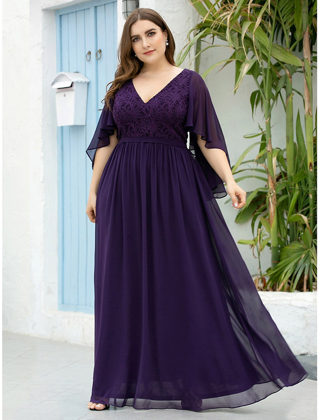Vestido de madre de la novia de corte A, talla grande, elegante, escote en V, largo hasta el suelo, de gasa, tul, media manga con faja/cinta
