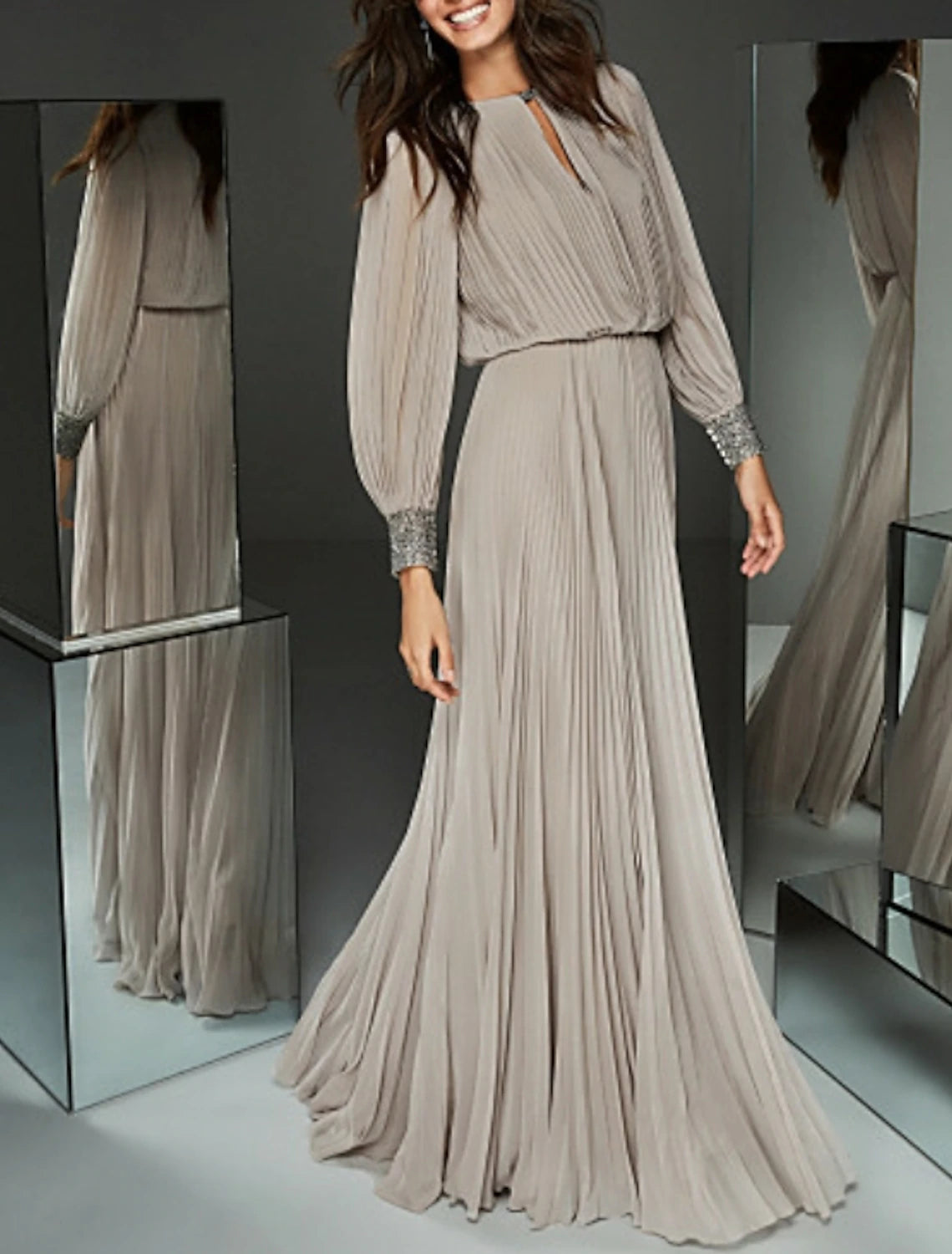 Pleated Grey Chiffon A-Line Keyhole Neck Floor-Length Dress