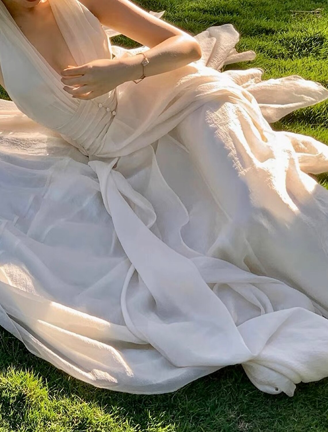Ivory Chiffon A-Line Ankle-Length Halter V-neck Backless Dress