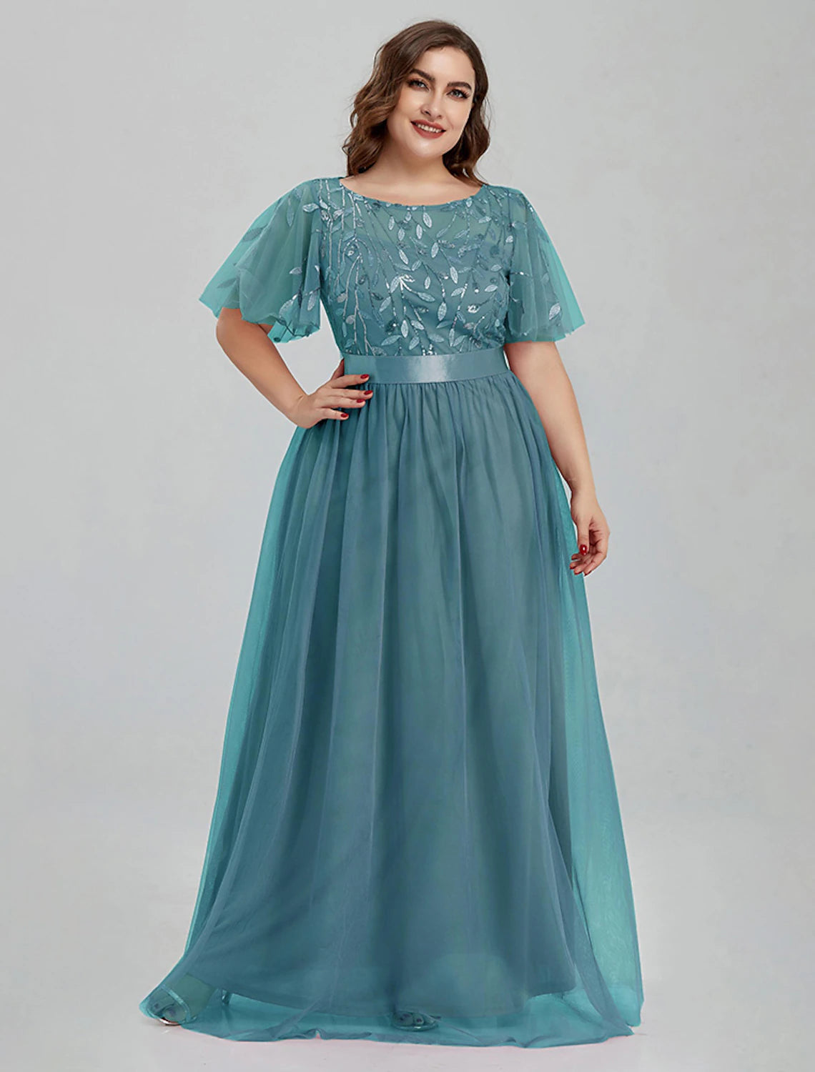 Abiti da ballo a trapezio, abiti floreali, abiti da ospite per matrimoni, abiti da damigella d'onore, lunghi fino al pavimento, maniche corte, scollo gioiello, tulle con ricami