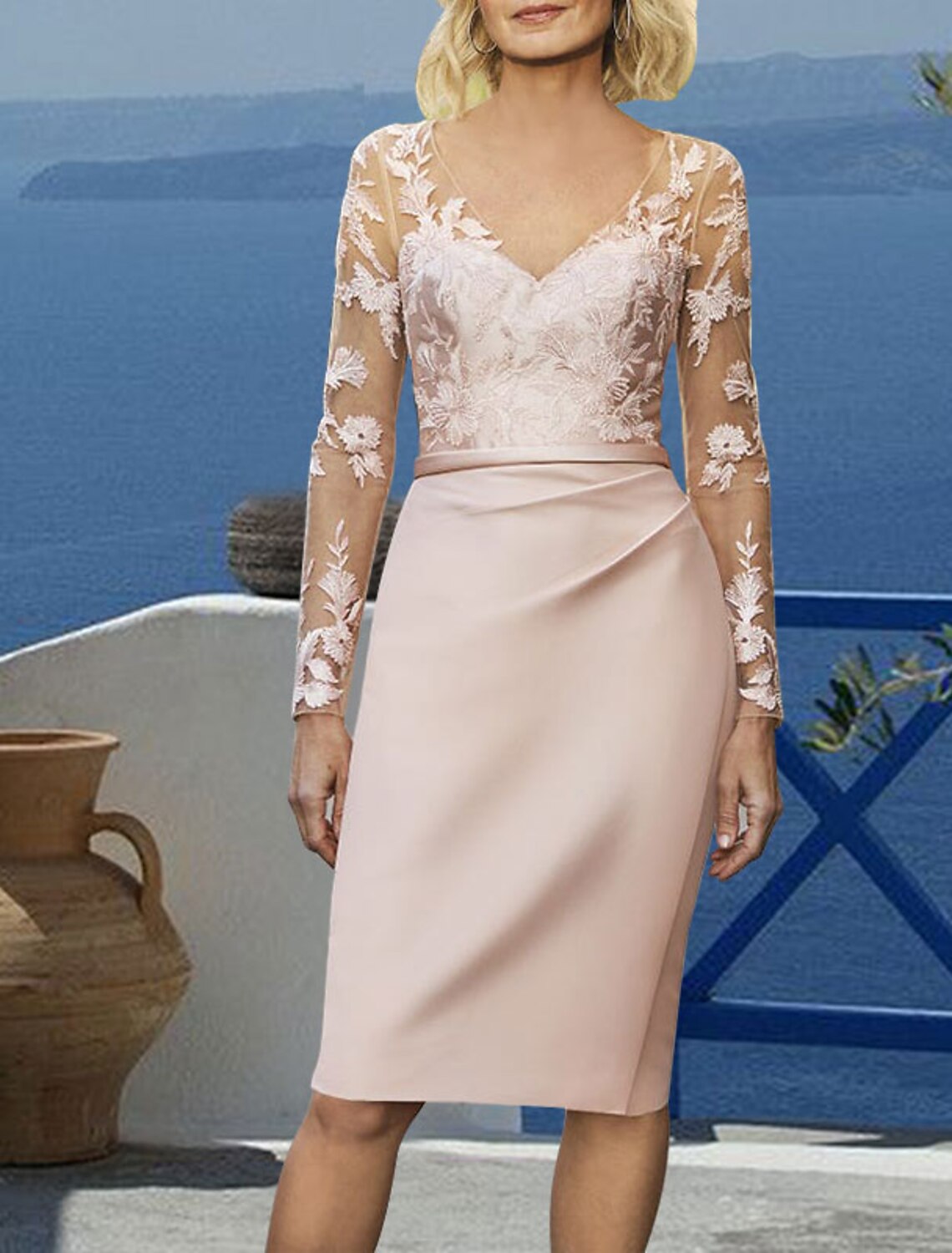 Vestido de cóctel elegante con corte tubo/columna para invitada de boda, para graduación, largo hasta la rodilla, manga larga, escote en V, para invitada de boda de otoño, tela con apliques, color puro