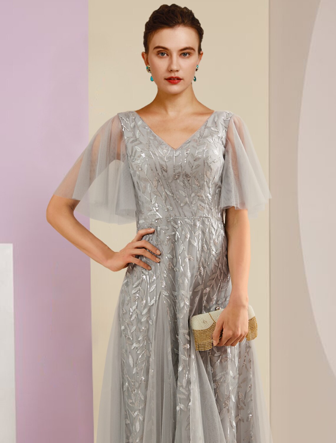 Silver Sequin V-Neck A-Line Floor-Length Dress with Flutter Sleeves