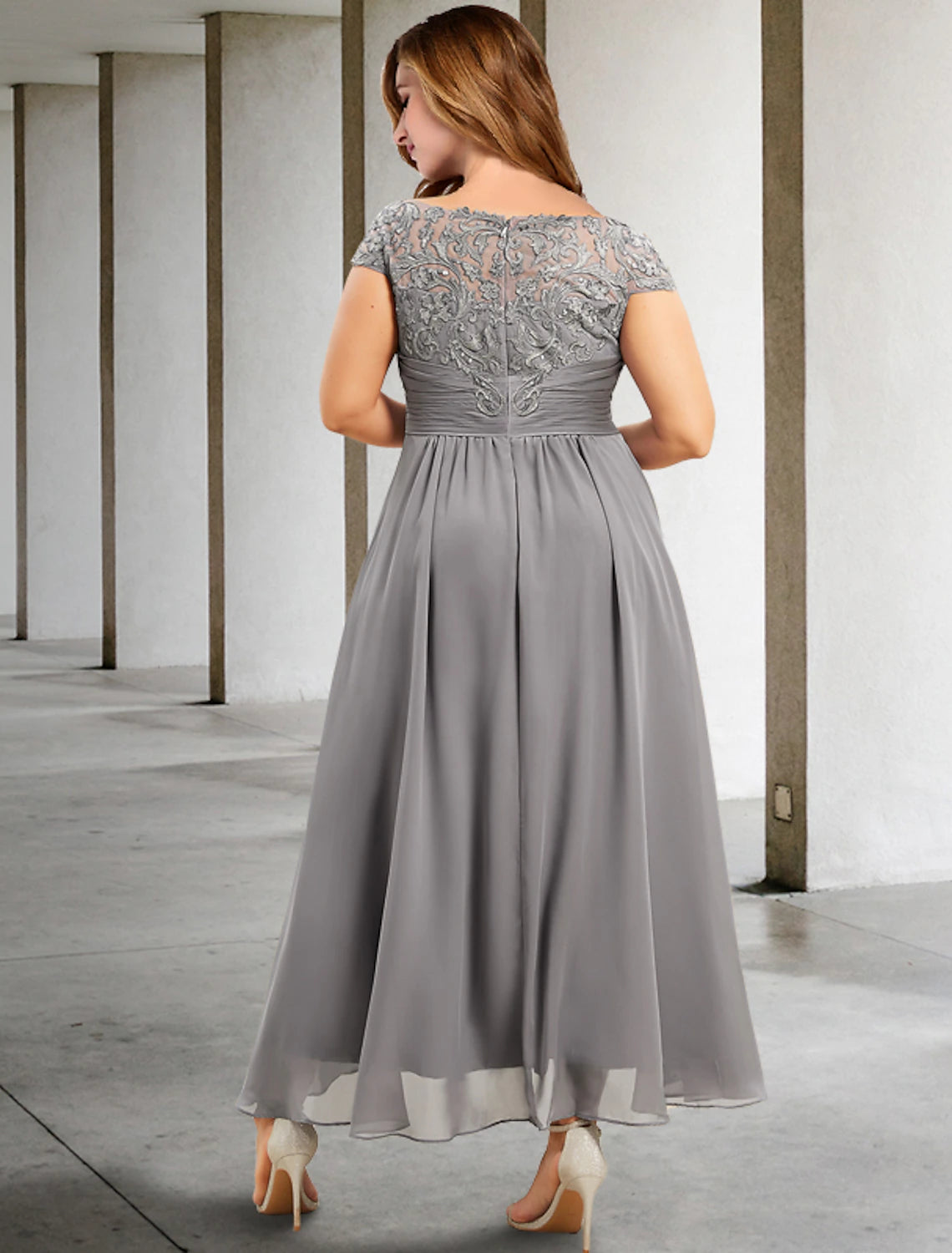 Grey Chiffon A-Line Tea-Length Bridesmaid Dress | Off-the-Shoulder Lace Bodice