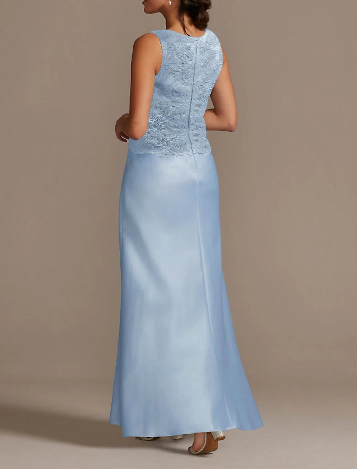Vestido de madre de la novia con corte tubo/columna, elegante, para invitadas de boda, escote redondo, largo hasta el suelo, poliéster, manga 3/4, chaqueta corta, vestidos con encaje