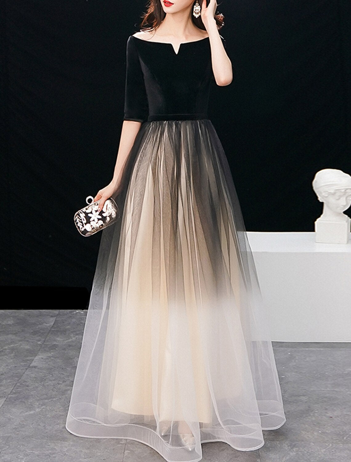 Black Velvet Tulle Off-the-Shoulder A-Line Floor-Length Evening Dress