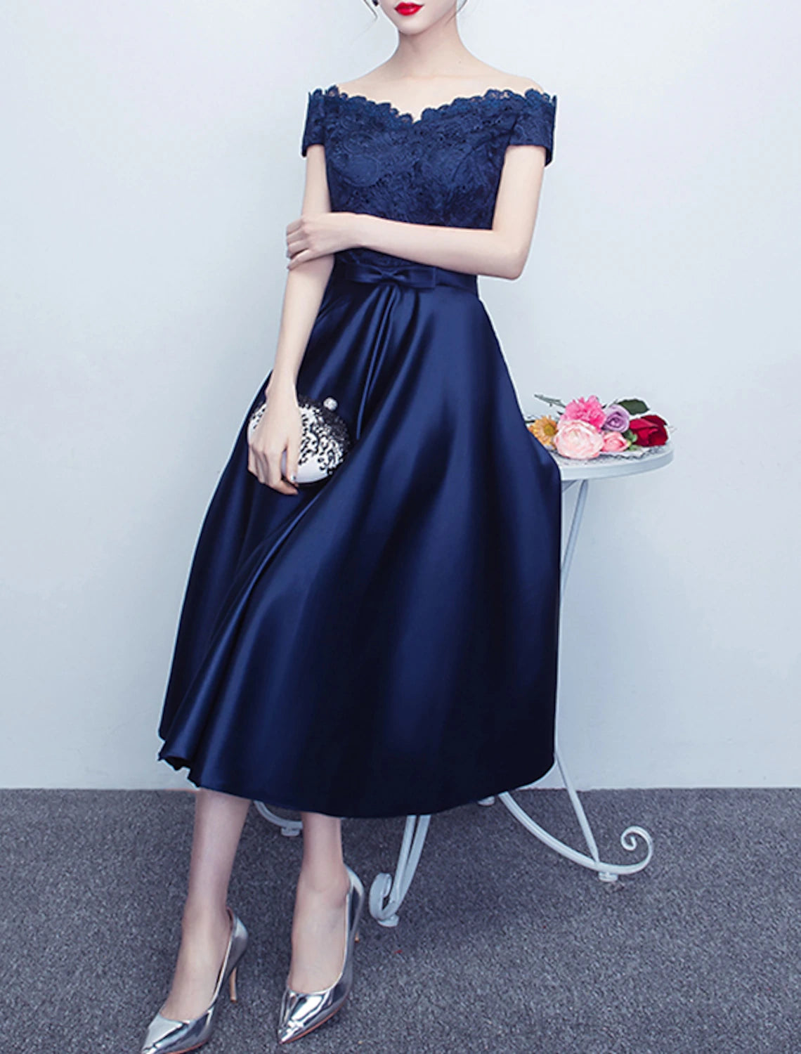 Dark Navy Satin A-Line Off-the-Shoulder Tea-Length Dress with Lace Bodice and Ribbon Bow