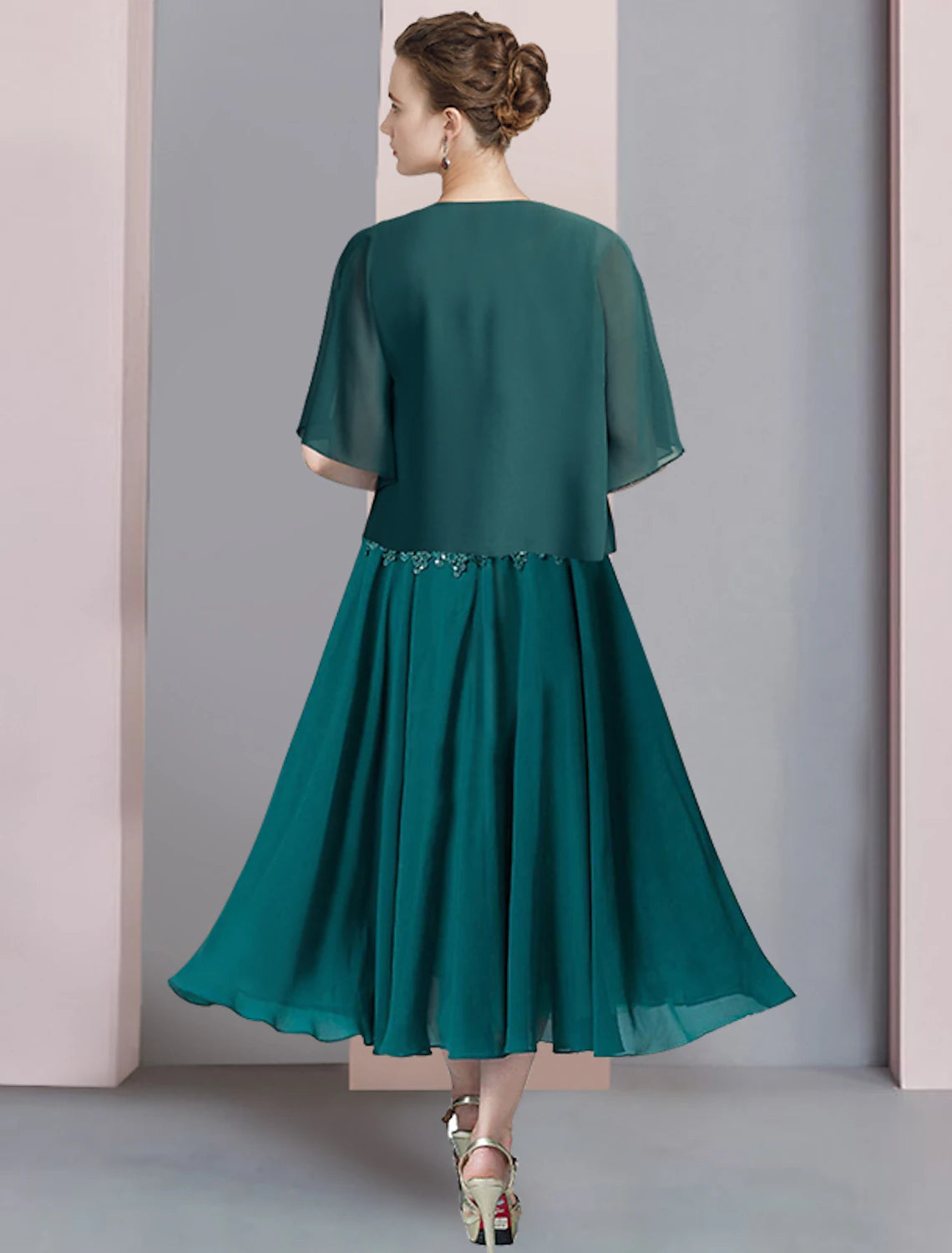 Emerald Sequined Lace Chiffon A-Line Tea-Length Evening Dress