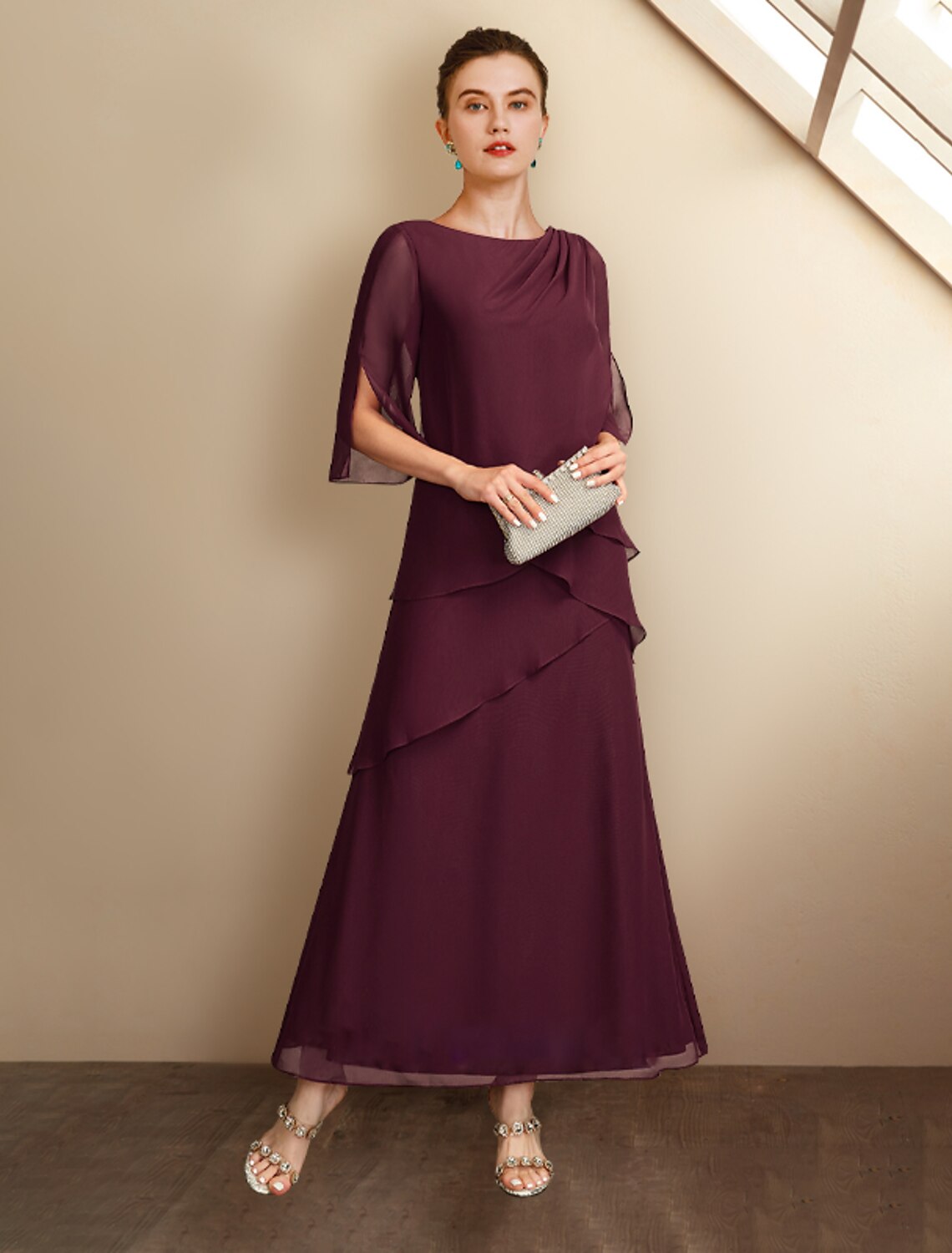 Burgundy Cowl Neck Chiffon A-Line Floor-Length Dress