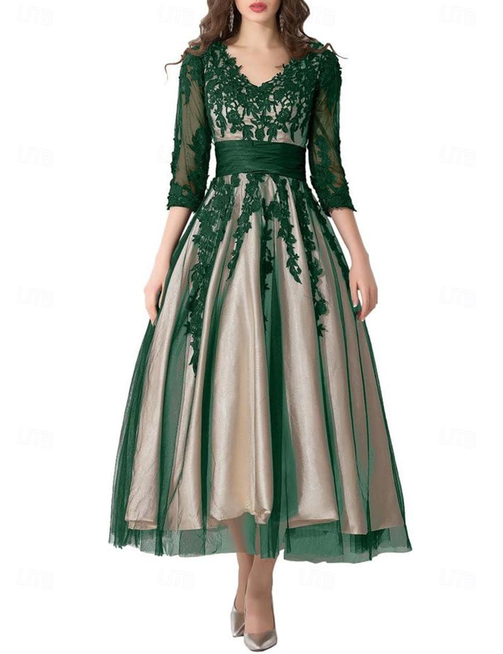 A-Line Mother of the Bride Dress Wedding Guest Elegant Vintage V Neck Ankle Length Lace Tulle 3/4 Length Sleeve with Pleats Appliques