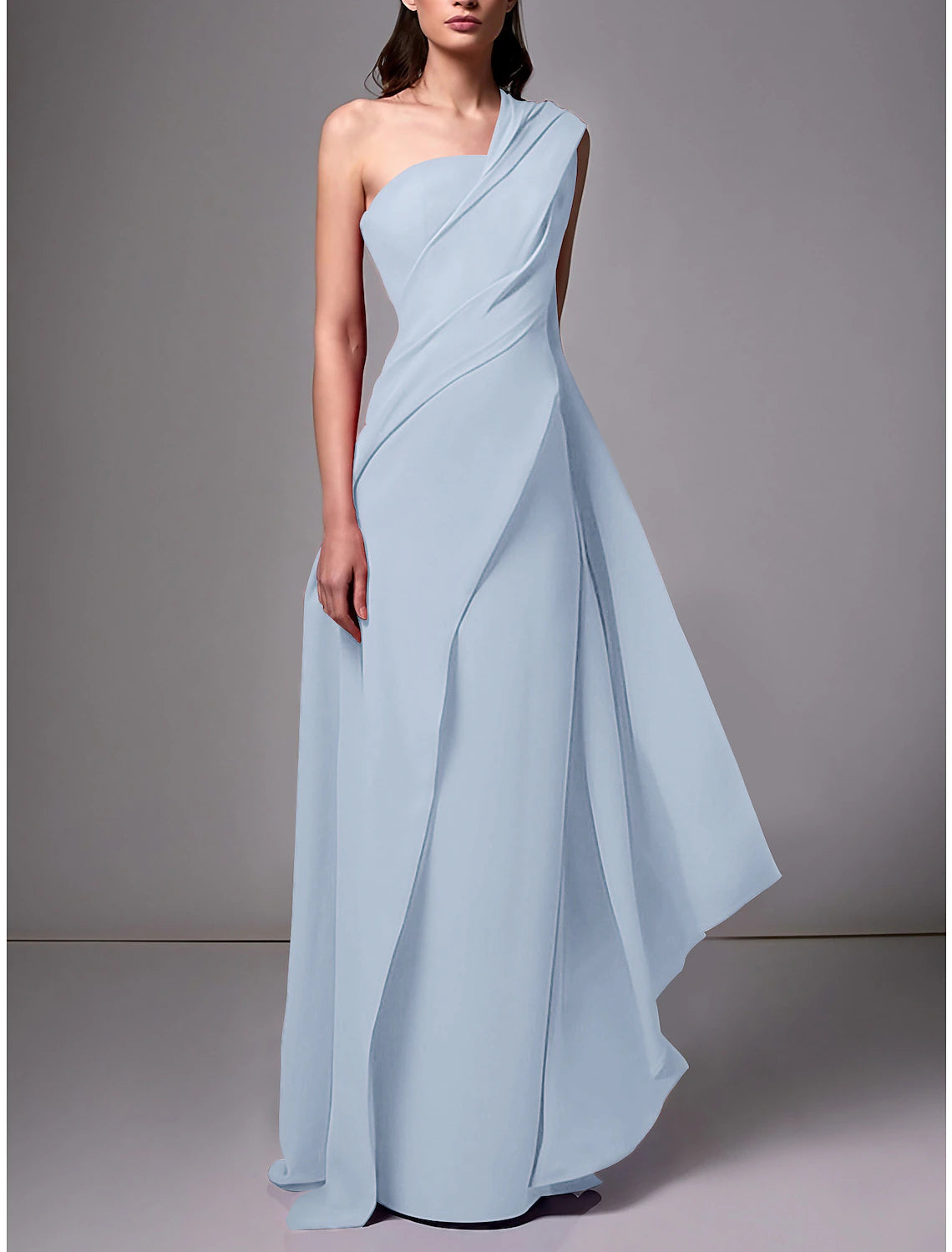 Red Crepe A-Line Floor-Length Evening Dress with One Shoulder Neckline