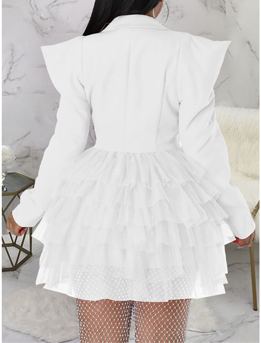 Playful White Satin A-Line Short Dress with Blazer Bodice, Tiered Skirt & Embellished Sheer Pants for Prom & Cocktail Parties