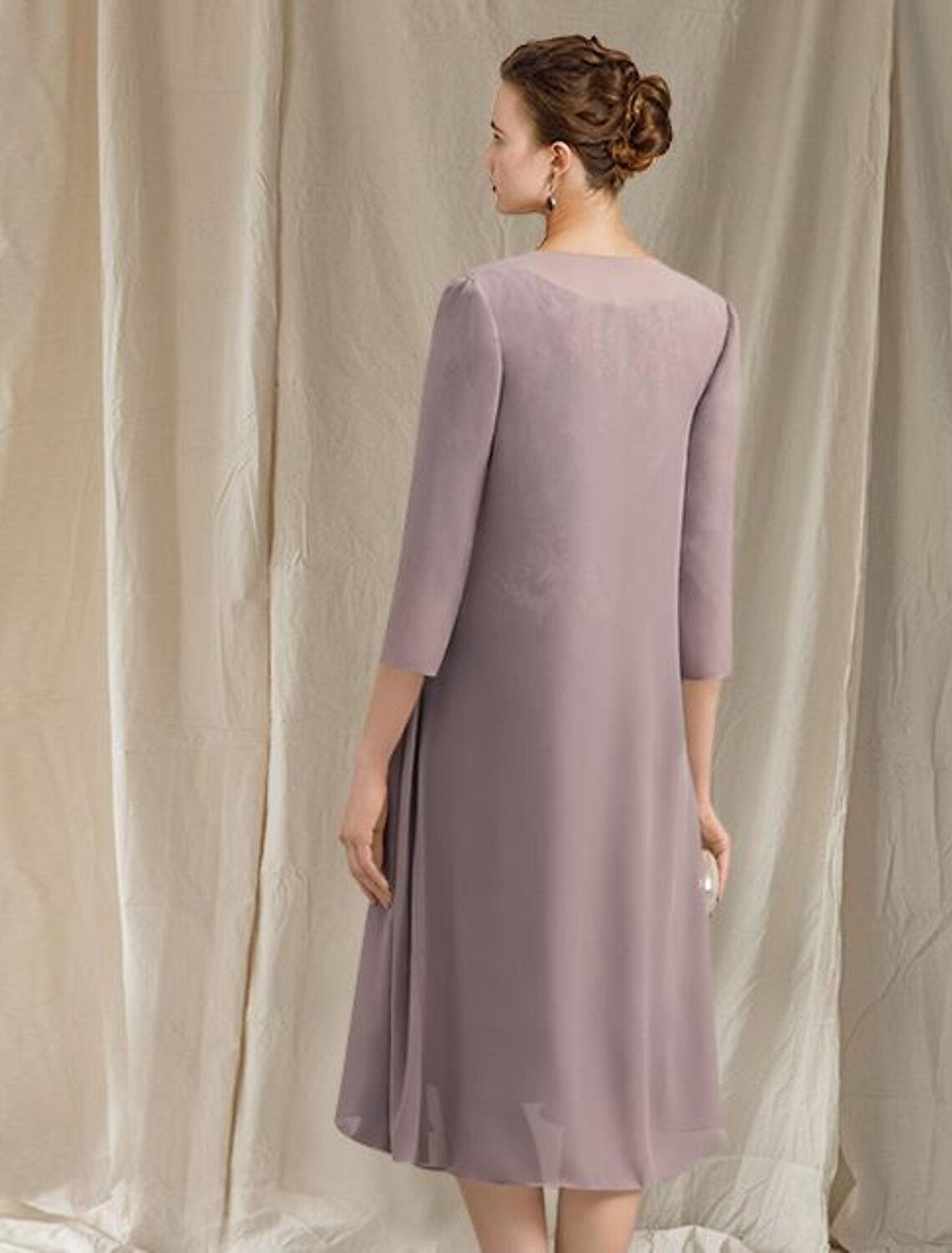 Vestido de dos piezas para madre de la novia, elegante, estilo iglesia, con escote joya, largo hasta la rodilla, de gasa, con encaje, media manga y apliques