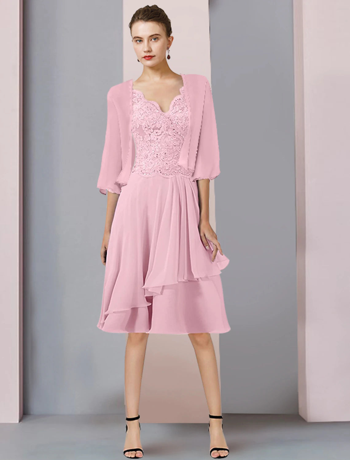 Vestido de dos piezas de corte A para madre de la novia, elegante vestido formal para invitada de boda, escote en V, largo hasta la rodilla, de gasa con encaje, mangas 3/4, cruzado incluido con apliques de lentejuelas y cuentas.