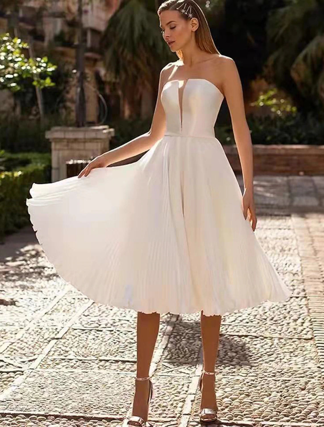 Abiti da sposa bianchi da ricevimento, abiti da sposa a trapezio, scollo a cuore, senza spalline, lunghezza tè, in raso, con fascia/nastro, tinta unita, abiti da sposa estivi, abbigliamento da donna