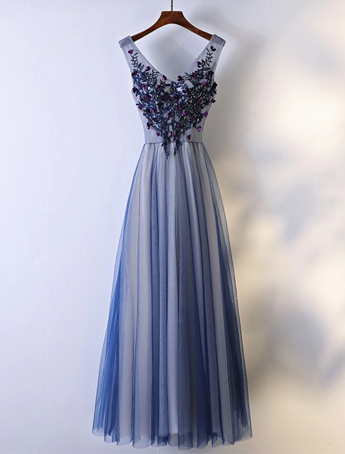 Dusty Blue Tulle A-Line Floor-Length V-Neck Evening Dress - Embroidered Bodice