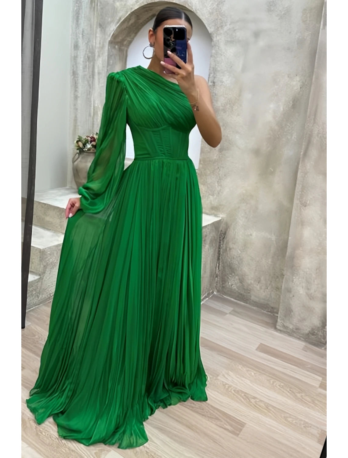 Orange Chiffon A-Line One Shoulder Floor-Length Evening Dress