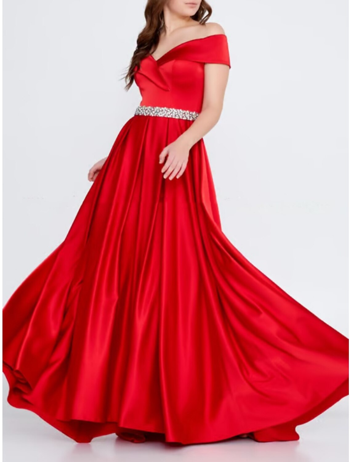 Emerald Satin A-Line Off-the-Shoulder Floor-Length Evening Dress