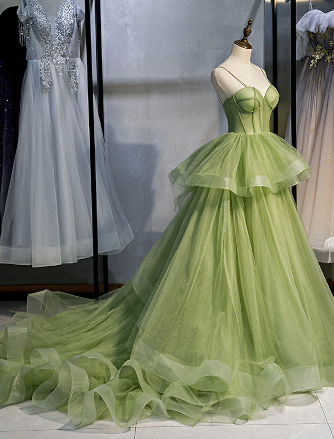 Sage Green Tulle Tiered Floor-Length Evening Dress with Sweetheart Neckline