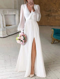 White Chiffon A-Line Floor-Length Dress with Plunging V-Neck, Bishop Sleeves & High Slit