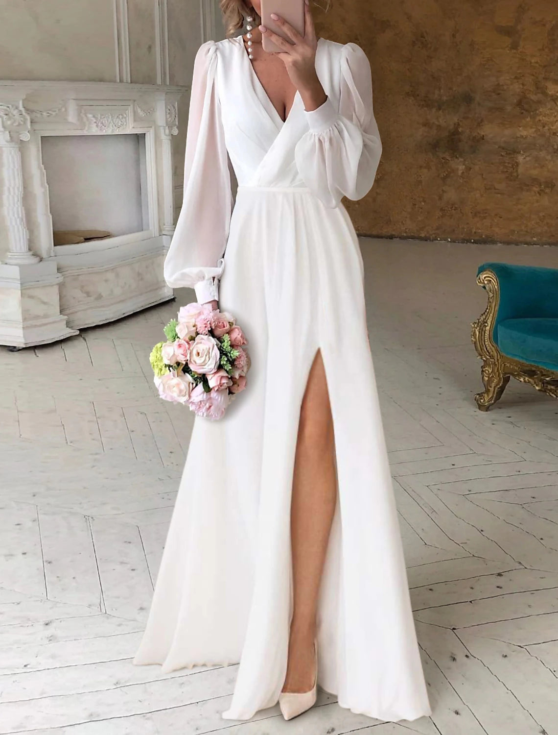 White Chiffon A-Line Floor-Length Dress with Plunging V-Neck, Bishop Sleeves & High Slit