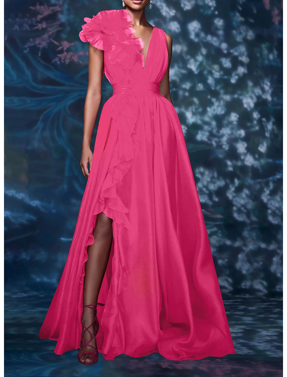 Vestido de noche estilo celebridad, corte en A, color rojo y verde, formal, para invitados de boda, largo hasta el suelo, sin mangas, escote en V, de gasa con abertura, color puro.