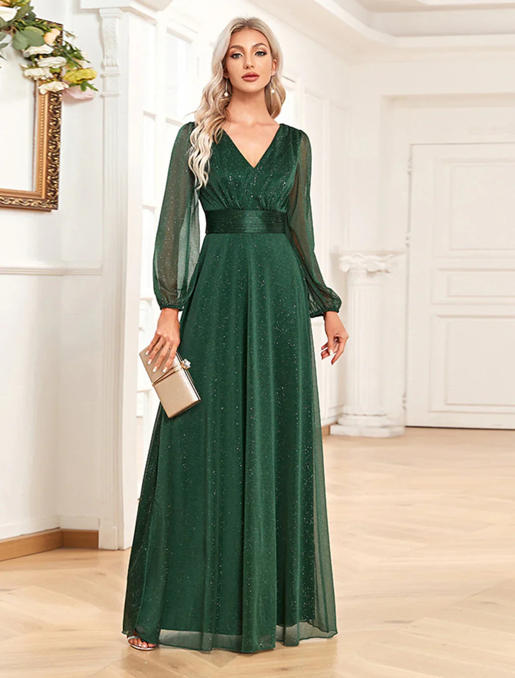 Abito da sera a trapezio, elegante, formale, lungo fino al pavimento, manica lunga, scollo a V, in chiffon con paillettes