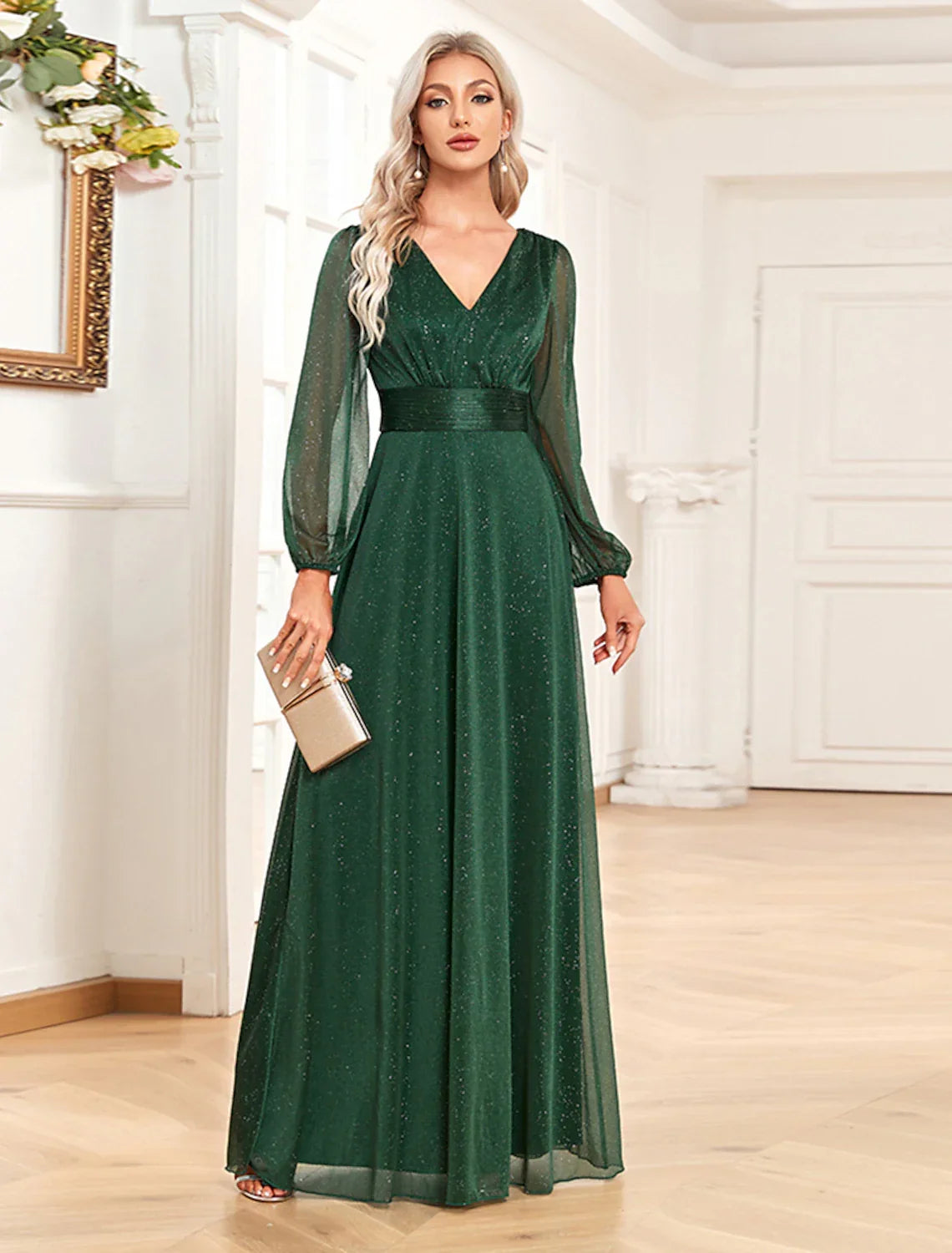 Forest Green Chiffon A-Line Floor-Length Dress with V-Neck, Bishop Sleeves & Back Zip
