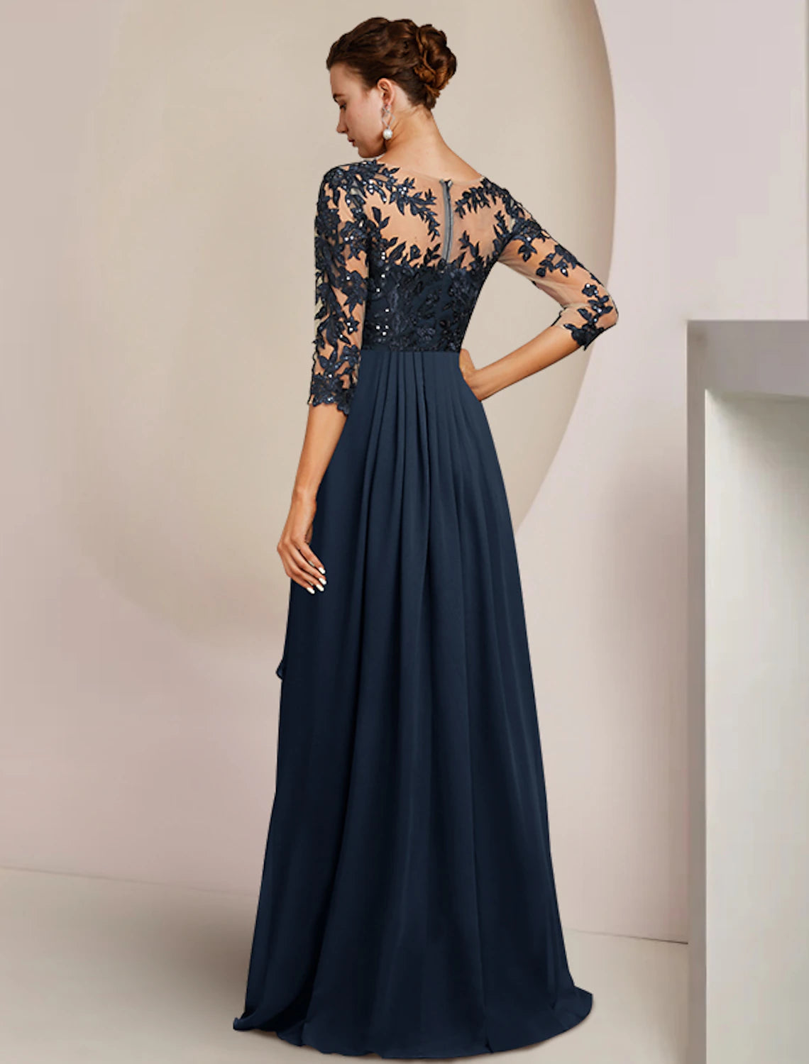 Dark Navy Chiffon A-Line Bridesmaid Dress with Lace Illusion Sleeves