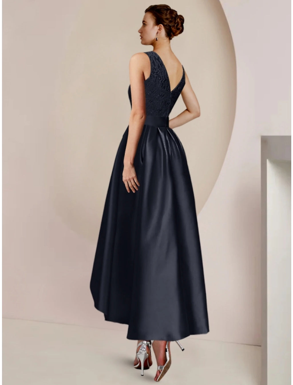 Dark Navy Satin A-Line High-Low Evening Dress with Lace Bodice and Bolero Jacket