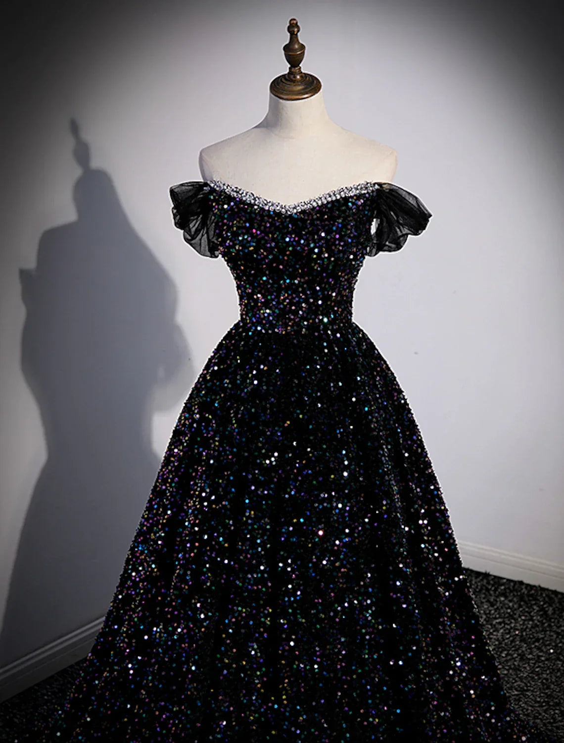 Glamorous Black Sequin Off-the-Shoulder A-Line Floor-Length Evening Dress