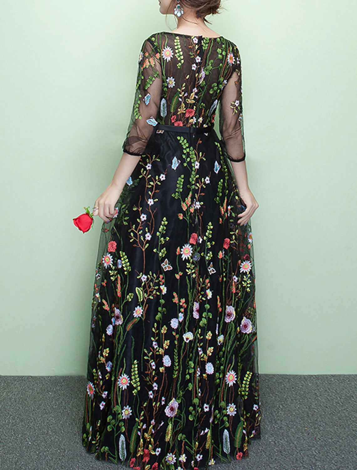 Abiti da ballo a trapezio, eleganti, da invitare a nozze, lunghi fino al pavimento, con maniche a 3/4, scollo gioiello, in pizzo con ricamo