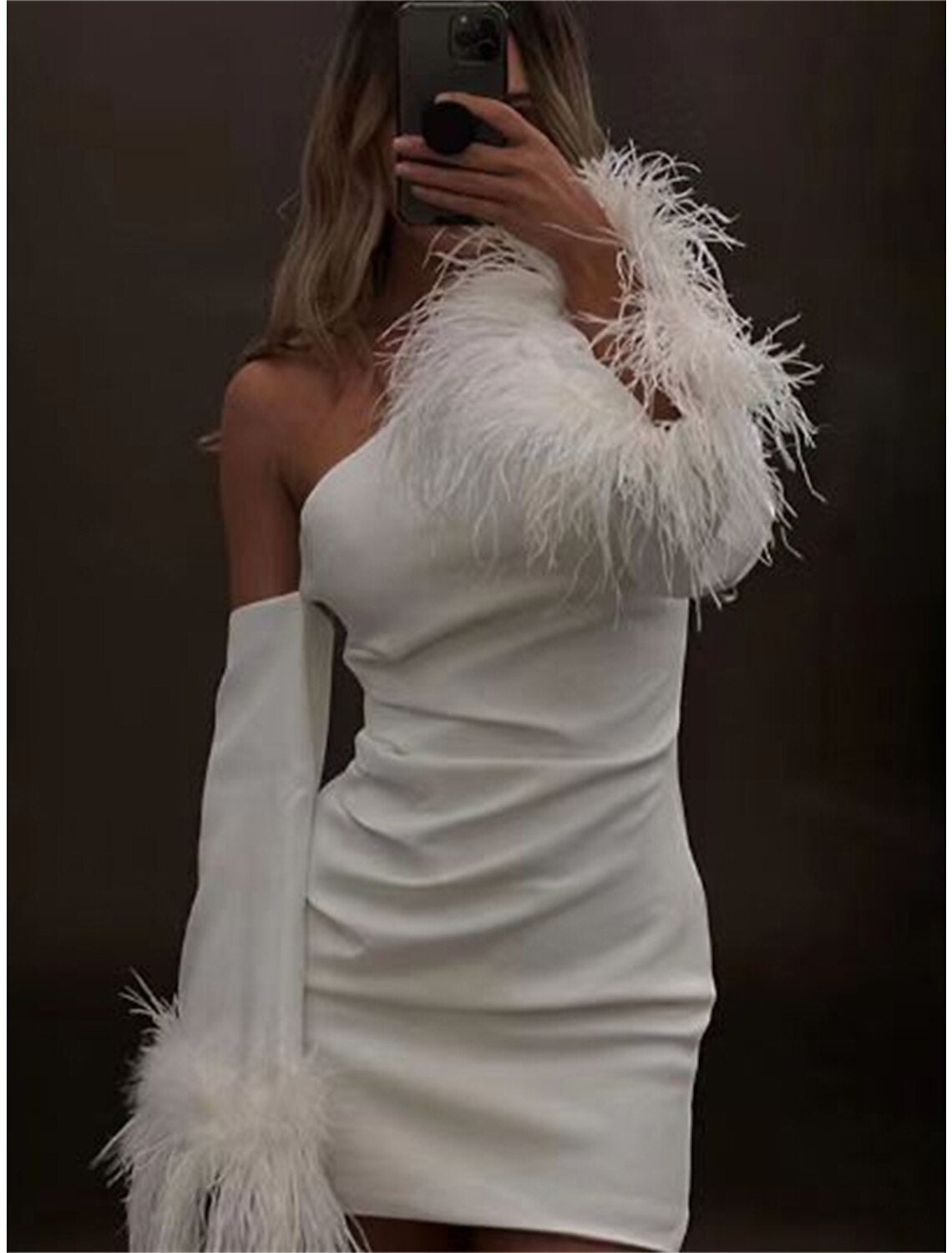 Women's Party Dress Feather Dress Homecoming Dress Mini Dress Black White Long Sleeve Pure Color Feather Fall Winter Autumn One Shoulder Fashion Winter Dress Wedding Guest Vacation
