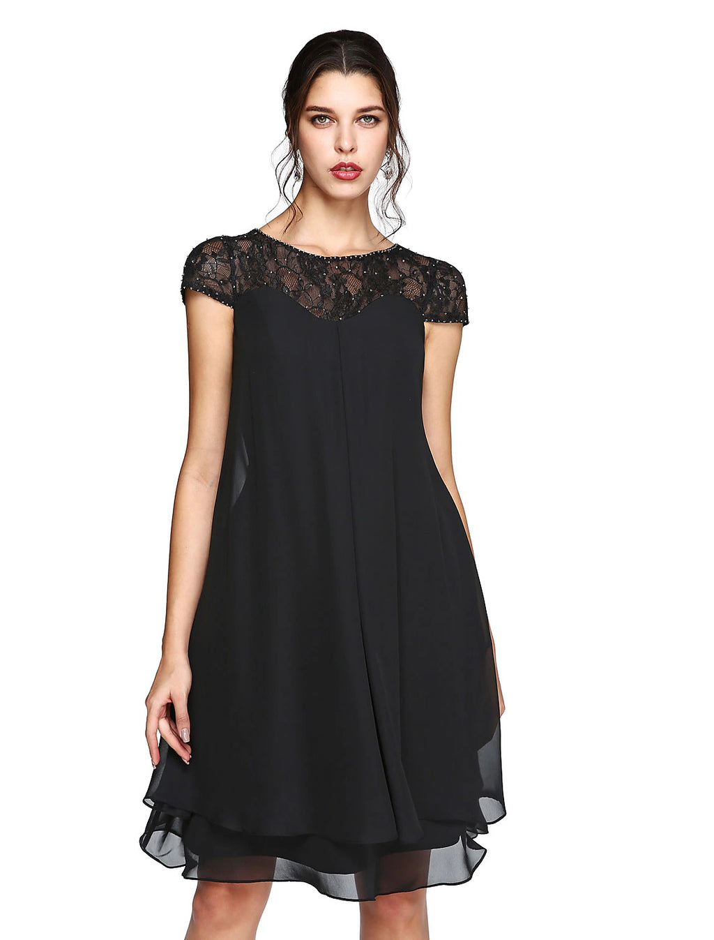 Abito da sposa a trapezio, elegante, in chiffon, con scollo a V, lunghezza al ginocchio, manica corta e paillettes, taglie forti