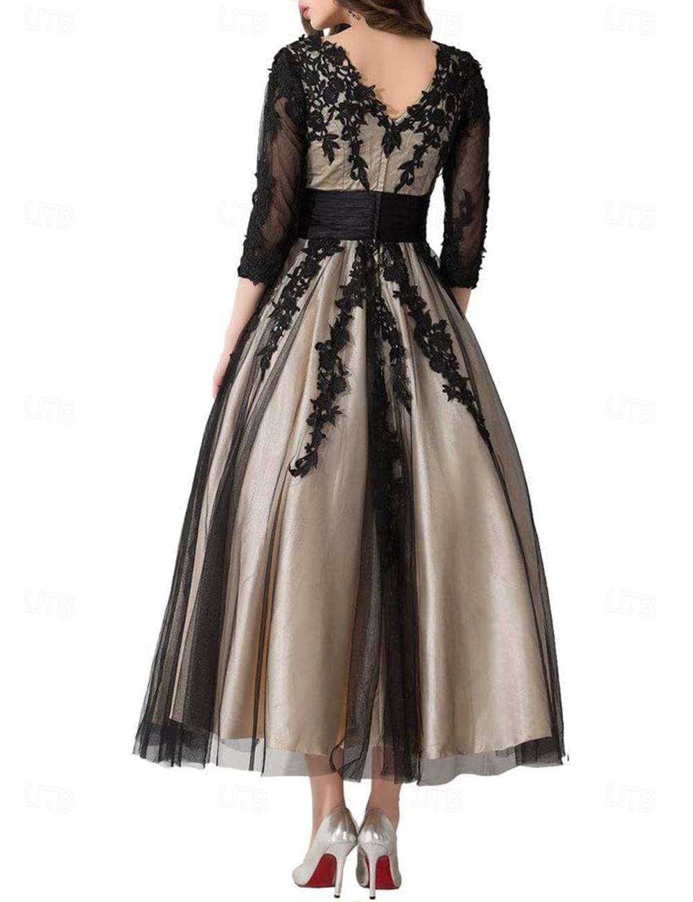 Abito da cerimonia per la madre della sposa, a trapezio, elegante, stile vintage, con scollo a V, lunghezza alla caviglia, in pizzo e tulle, maniche a 3/4 con applicazioni a pieghe