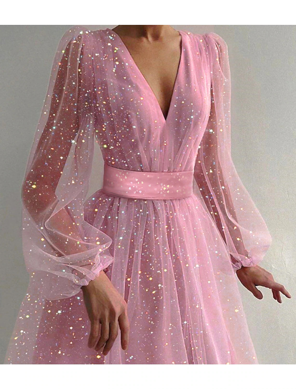 Abito da festa da donna, abito da ballo, abito da festa, abito midi, rosa albicocca, manica lunga, colore puro, maglia, estate, primavera, autunno, scollo a V, romantico, festa, inverno, compleanno