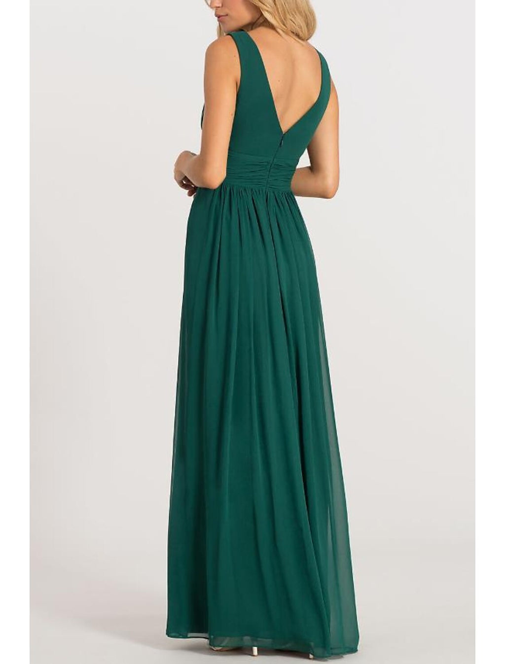Vestido de noche formal elegante de corte A, escote en V, espalda en V, sin mangas, largo hasta el suelo, de gasa con pliegues y abertura frontal